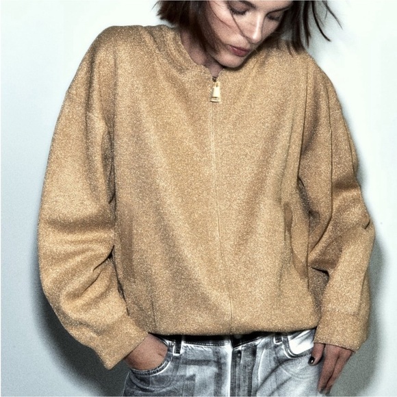 GOLD ZARA KNIT BOMBER CARDIGAN WITH METALLIC THREAD SIZE S NWOT 2142/124 - Picture 1 of 9